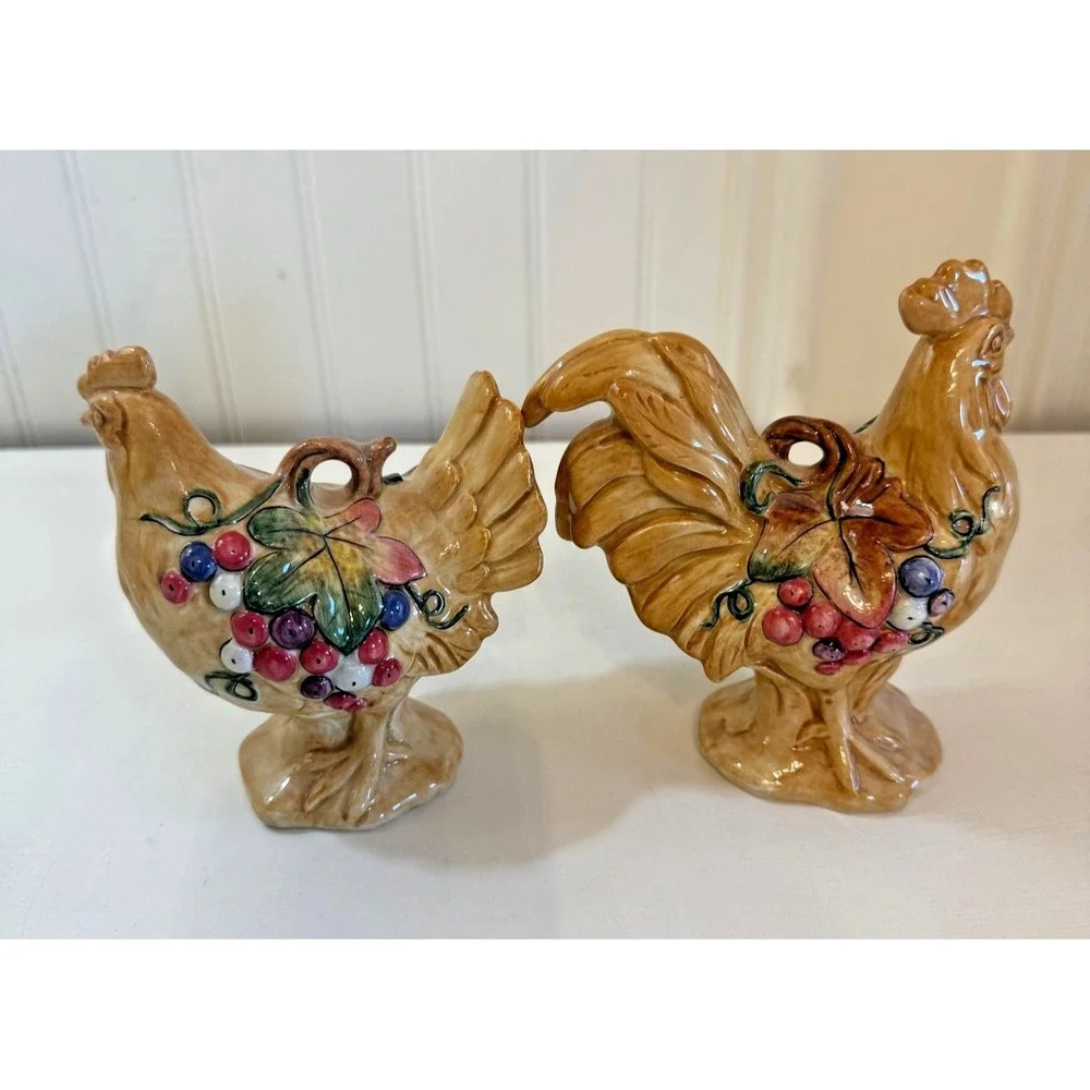 Fitz And Floyd Tuscan Villa Rooster Salt Pepper Shakers Set‎ Ceramic Brown